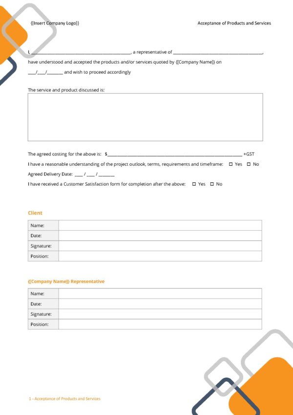 Form - Acceptance of Products and Services