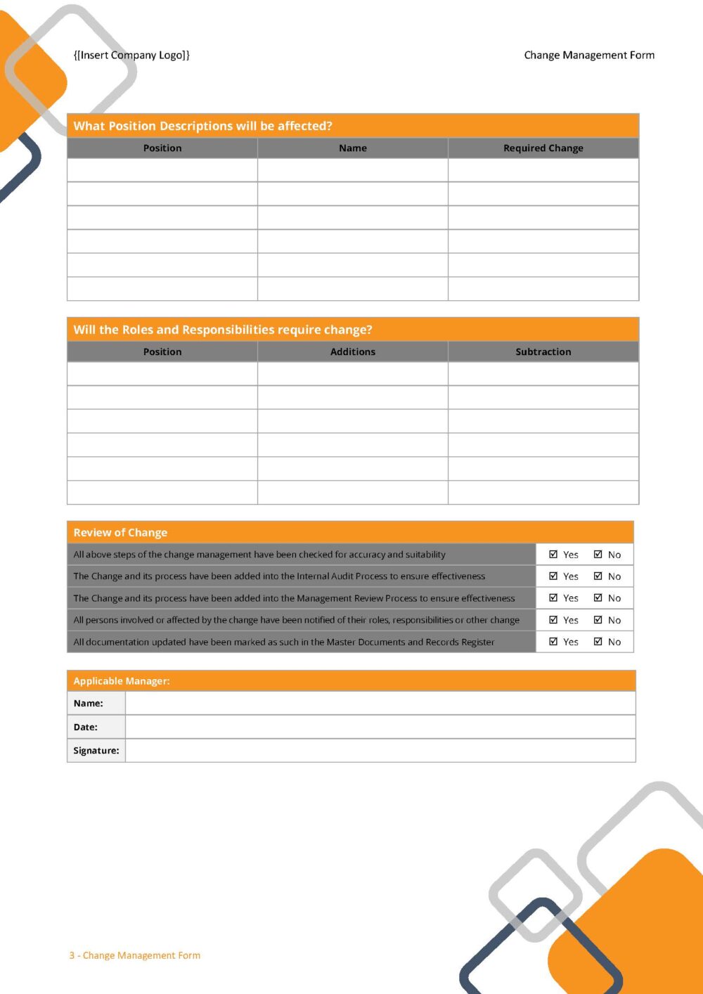 Simple Change Control Form Form - Change Management | IHSEQ