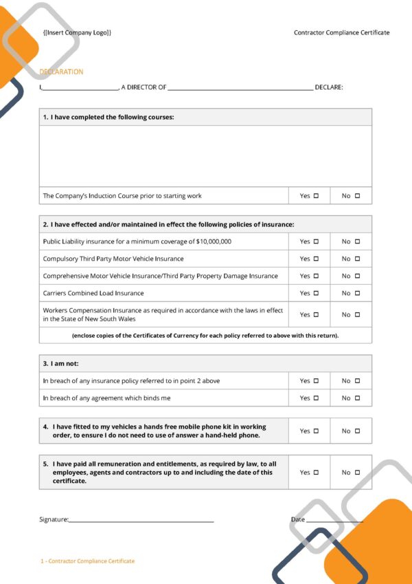 Form - Contractor Compliance Certificate