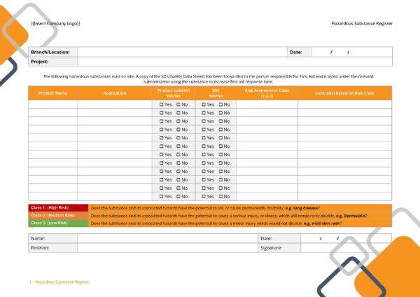 Form - Hazardous Substance Register