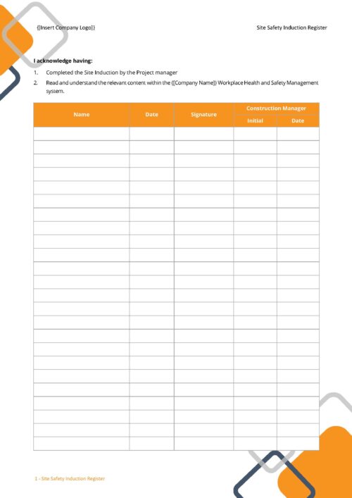 Form - Site Safety Induction Register