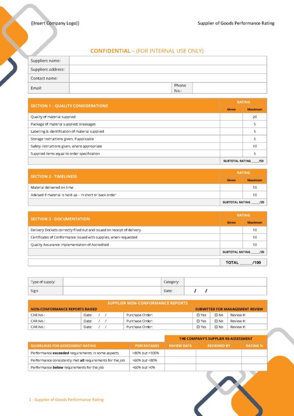 Form - Supplier of Goods Performance Rating